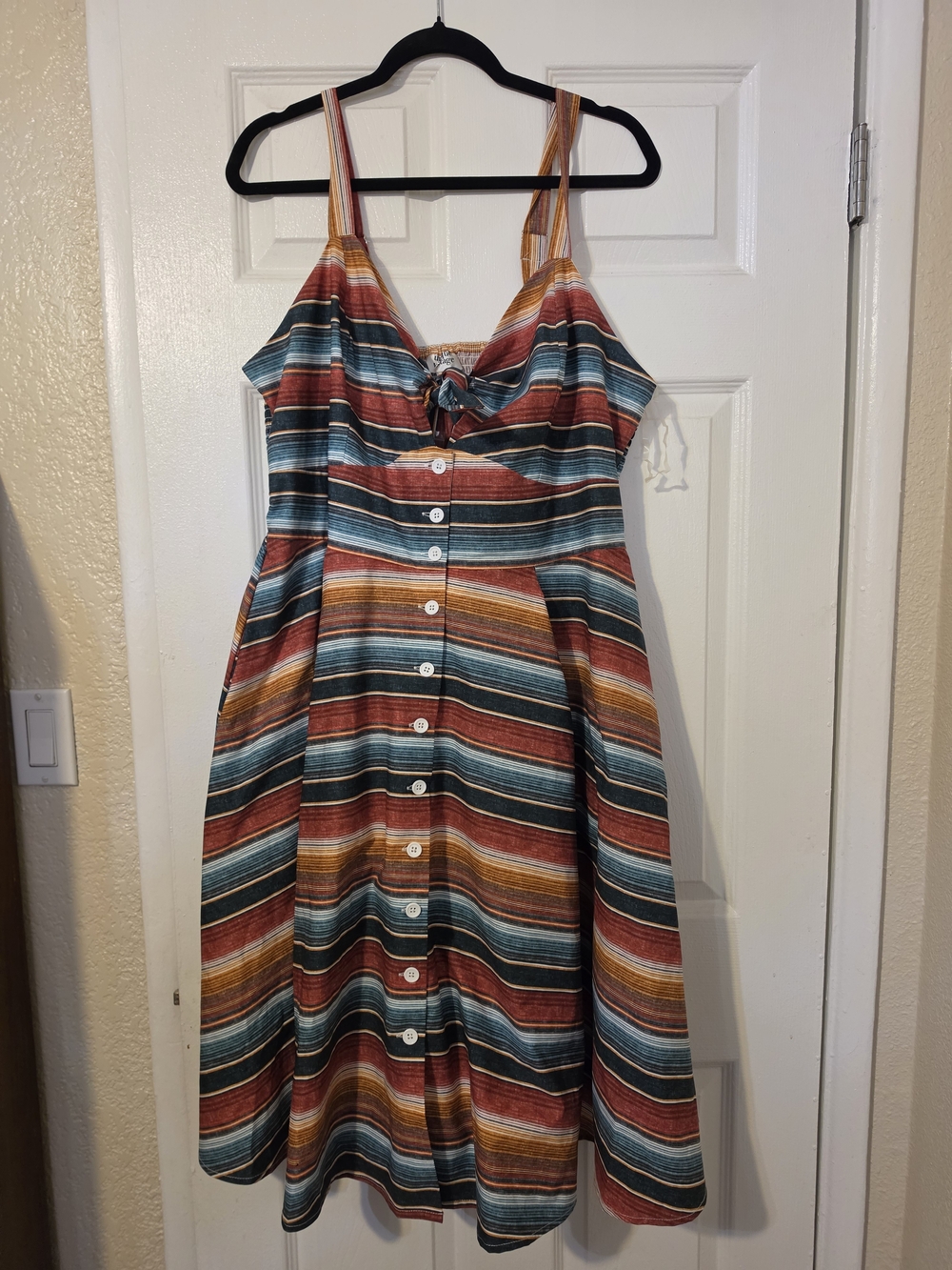 Unique Vintage Striped Midi Sundress in Rust, Teal, Mustard, and Cream